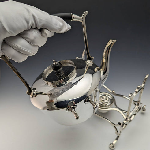 Around 1915 British Antique Silver Plate Kettle & Burner Stand Set Martin and Hall